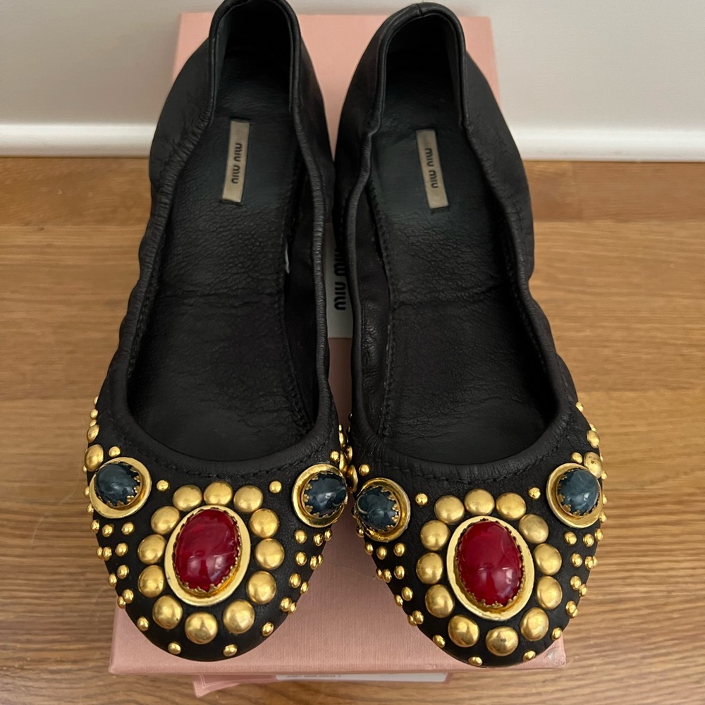 Miu Miu Black and Gold Ornate Flats